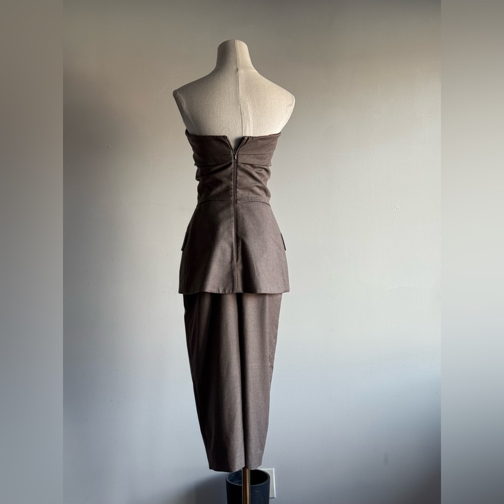MAX MARA Strapless Pocket Peplum Midi Dress in Chocolate Brown XS - Picture 8 of 12